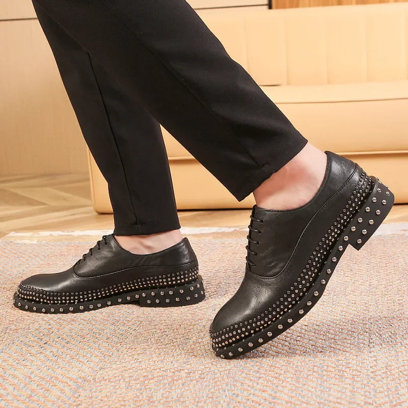 Luxury Handmade Rivets Design Men Genuine Leather Shoes Business Casual Formal Wedding Shoes Gentlmen Black Moccasins