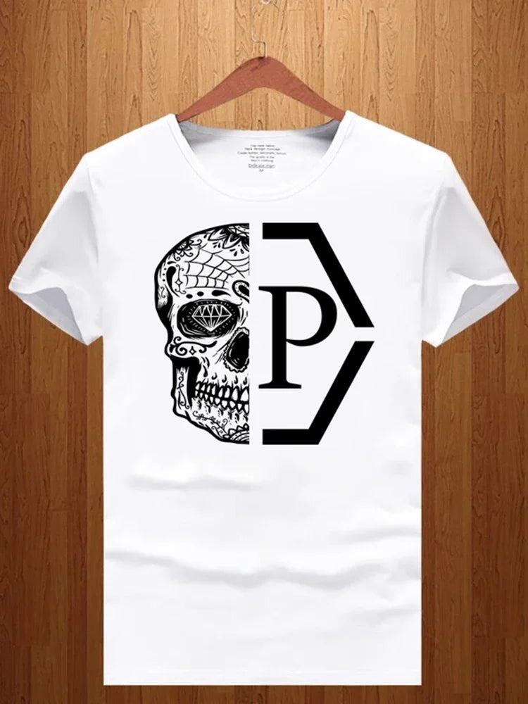 Men, Women, Half Skull, T-shirt, Casual Short Sleeve, Loose Sleeve Shirt, Graffiti Lettering, Street Style, Cotton Summer Trend