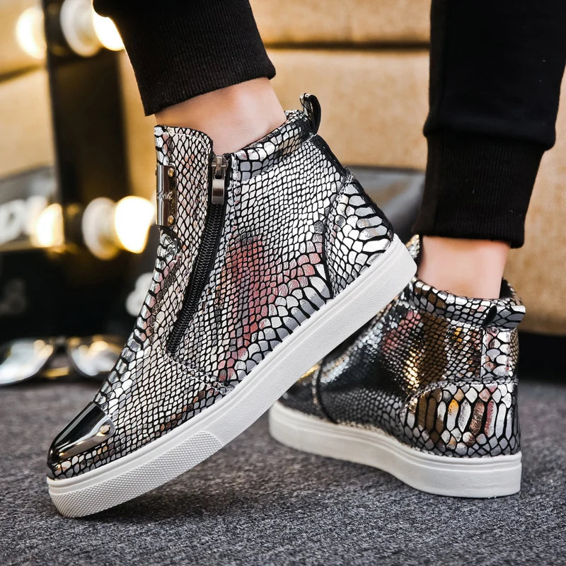 New Luxury Glitter Snake Designer Shoes Men Gold High Top Original Men's Sneakers Fashion Zipper Casual Ankle Boots For Men