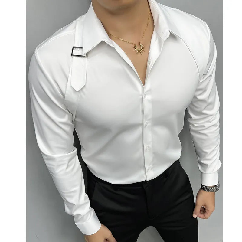 2023Tuxedo Shirt Social Shoulder Strap Splicing Metal Button Design Men's British Fashion Slim Shirt Trend Men Long Sleeve Shirt