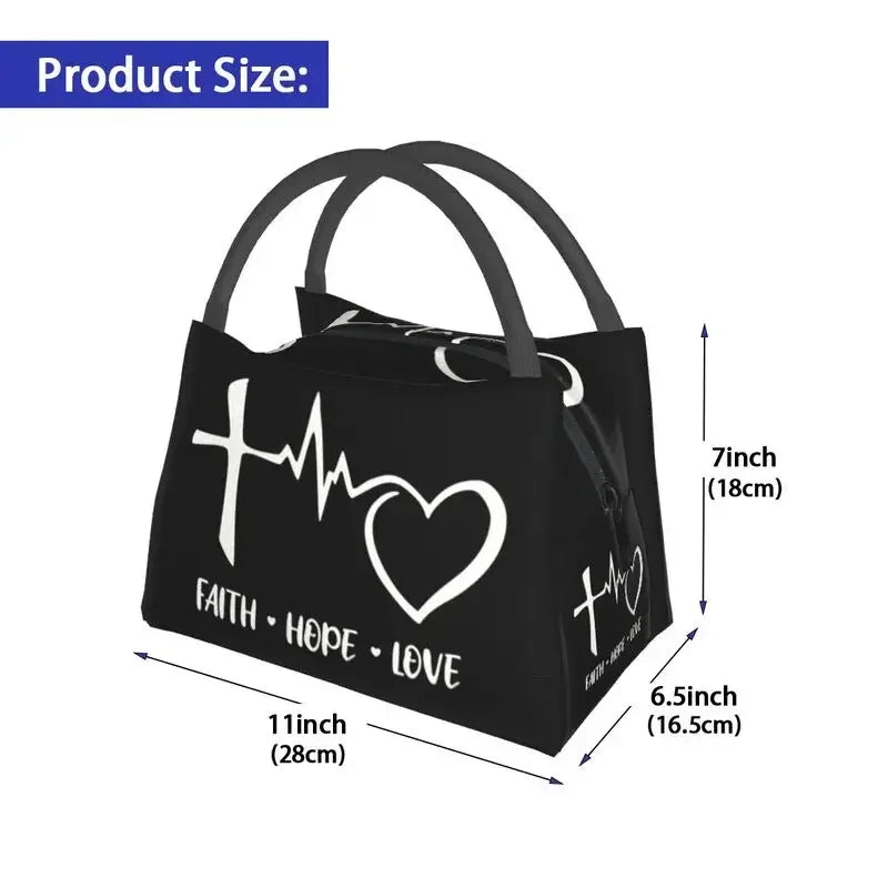 Faith Hope Love Heartbeat Thermal Insulated Lunch Bags Women Cross Crucifix Jesus Christ Church God Lord Lunch Food Box