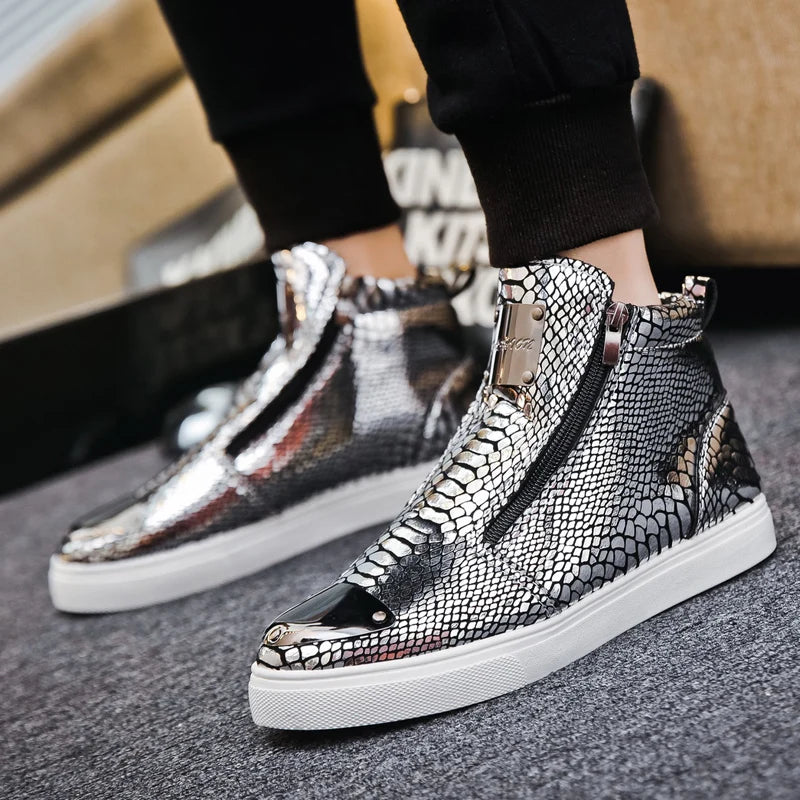 New Luxury Glitter Snake Designer Shoes Men Gold High Top Original Men's Sneakers Fashion Zipper Casual Ankle Boots For Men