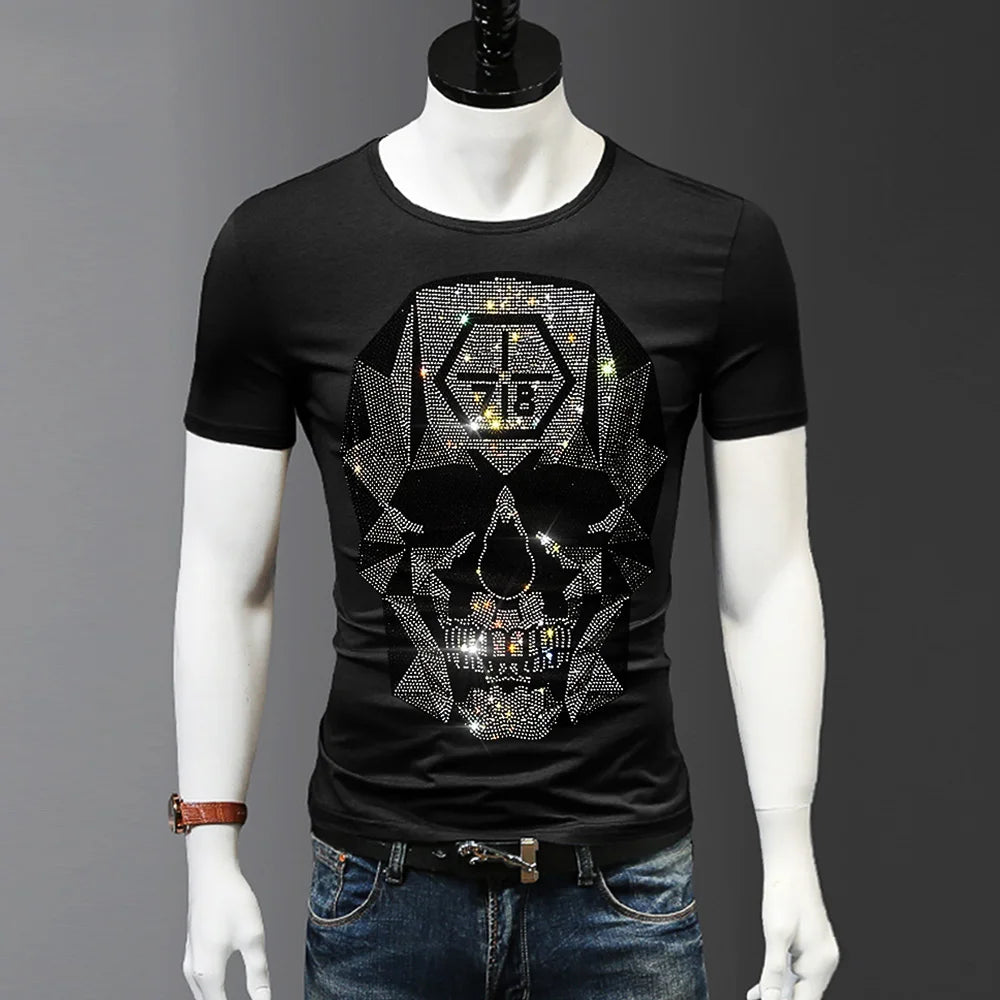 2024 Summer Men's Design Black Skull Rhinestones T shirts Man Slim Fit Elastic Cotton Diamond Print Tees Streetwear Cool Tops