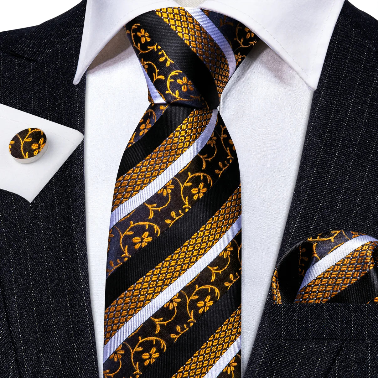 Designer Silk Tie Set for Mens Gold Black White Striped Red Blue Purple Necktie Handkerchief Cufflinks Weddding Barry·Wang 6313