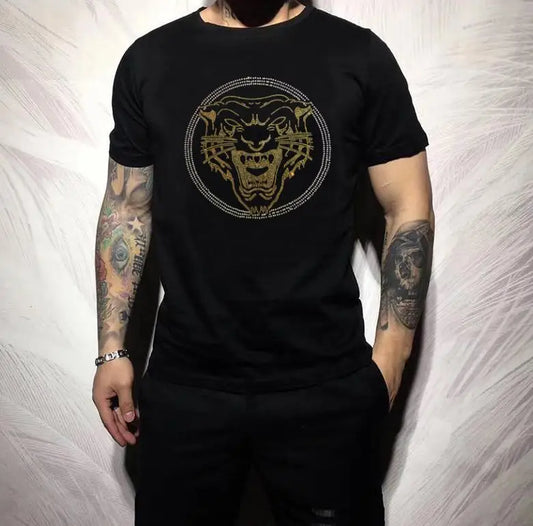Rhinestones tiger T-shirt Men's High Street Fashion T-shirt