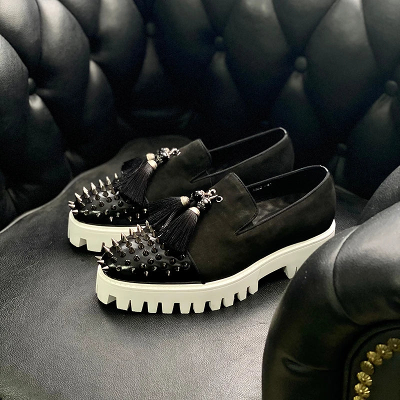 Spring and summer new style rivet thick bottom tassel set foot Lefu shoes frosted cow leather fashion large low heel men's shoes