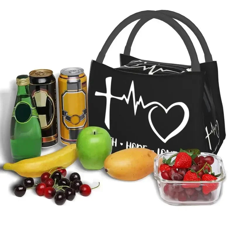 Faith Hope Love Heartbeat Thermal Insulated Lunch Bags Women Cross Crucifix Jesus Christ Church God Lord Lunch Food Box