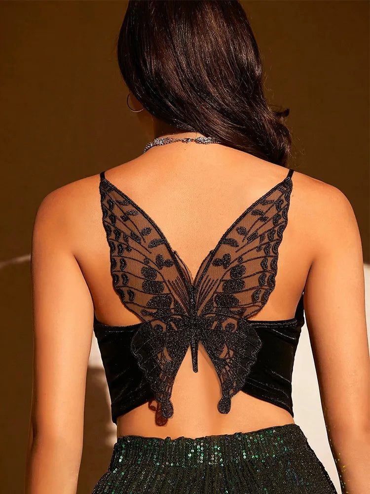 Sexy Butterfly Embroidery Mesh Velvet Cami Top Women Club Solid V-neck Sleeveless Spaghetti Strap Crop TopS Party Clothes 2023