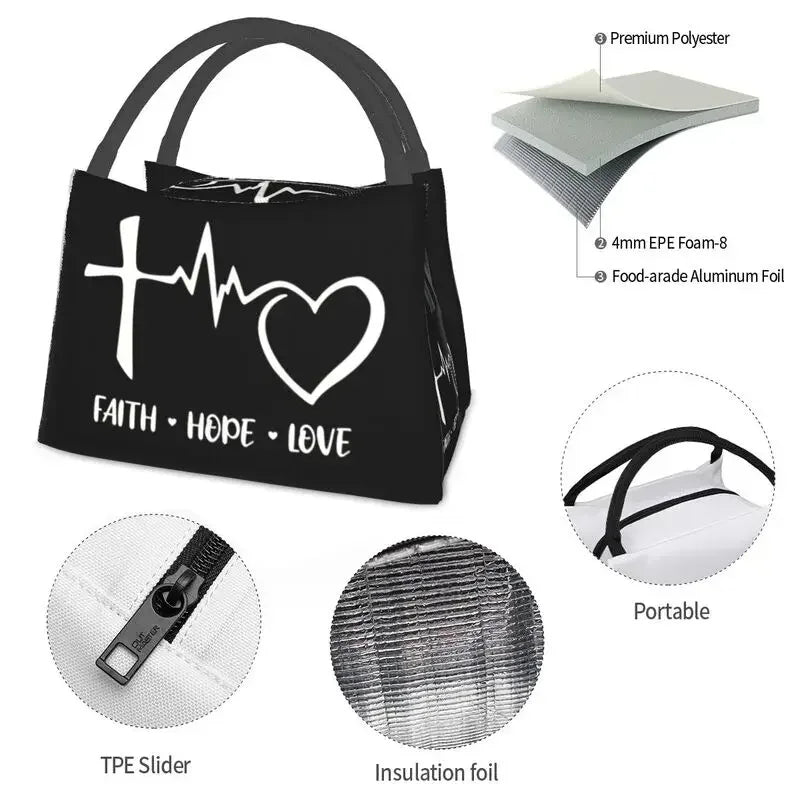 Faith Hope Love Heartbeat Thermal Insulated Lunch Bags Women Cross Crucifix Jesus Christ Church God Lord Lunch Food Box