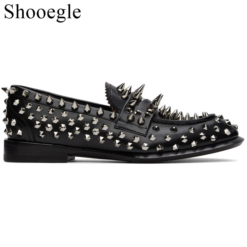 Newest Fashion Men Handmade Studs Spike Shoes Black Loafers Shoes Runway Rivets Party Wedding Shoes
