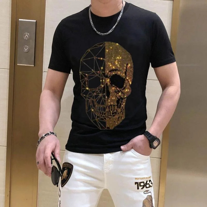 T-shirt Men's Rhinestone Skull  Personality Summer Brand Mercerized Cotton High Quality Short Sleeve Round Neck Tees Male Top