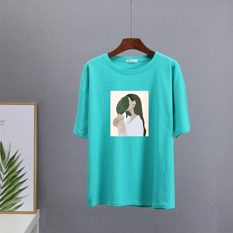 Hirsionsan Harajuku Printed T Shirt Women 2022 Summer Chic Tees 100% Cotton Elegant Graphic Clothes Loose Casual Pullover Tops