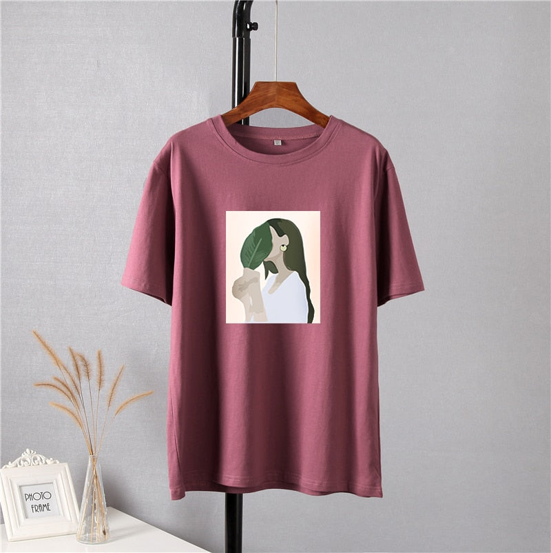Hirsionsan Harajuku Printed T Shirt Women 2022 Summer Chic Tees 100% Cotton Elegant Graphic Clothes Loose Casual Pullover Tops