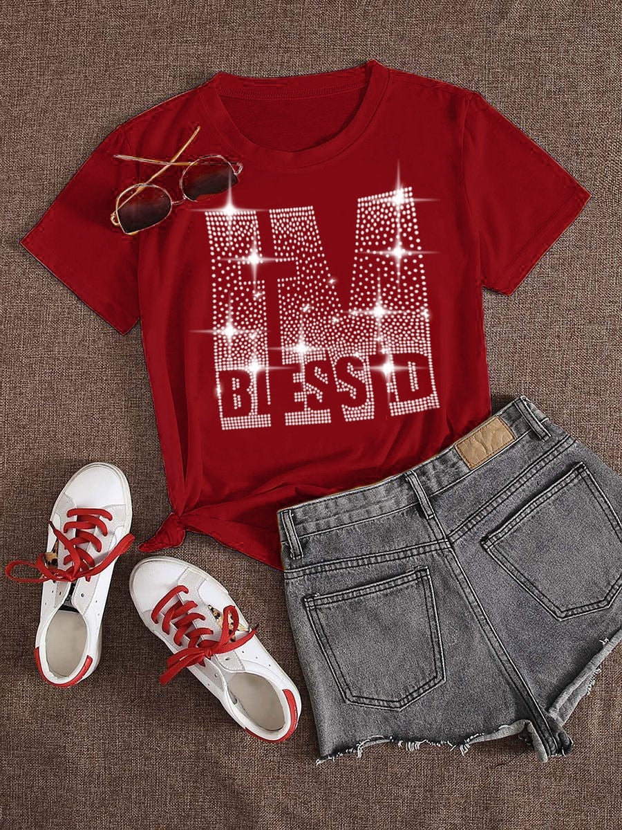 LW Plus Size Rhinestone Letter Decor T-shirt Casual Regular Short Sleeve Daily O Neck Fashion Women Tops Summer Femal Clothings