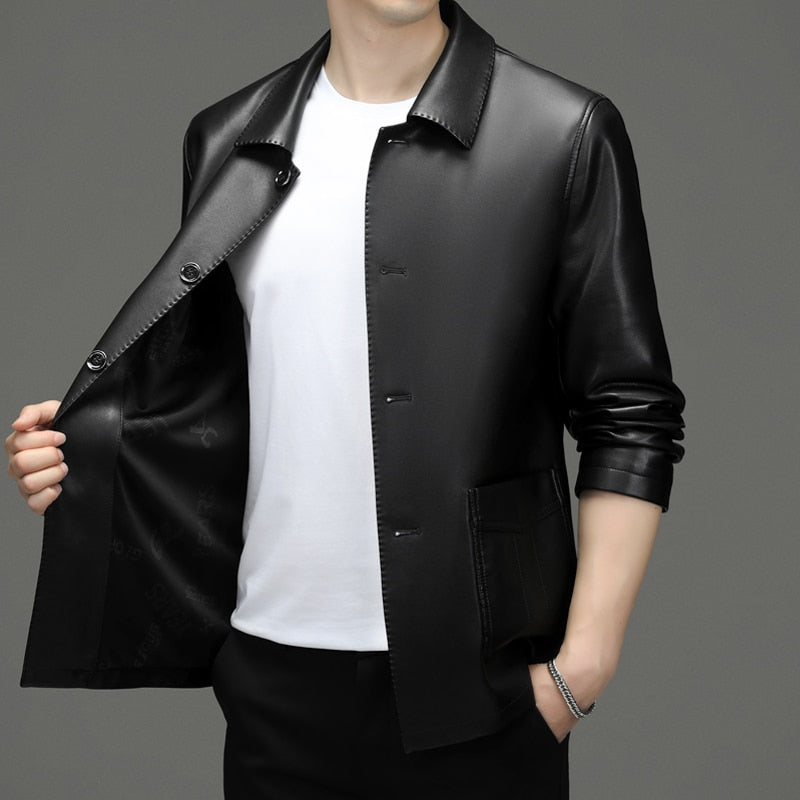 Men's Leather Suit Autumn New Button Lapel Casual Young and Middle-Aged Haining Leather Jacket Men's Coat