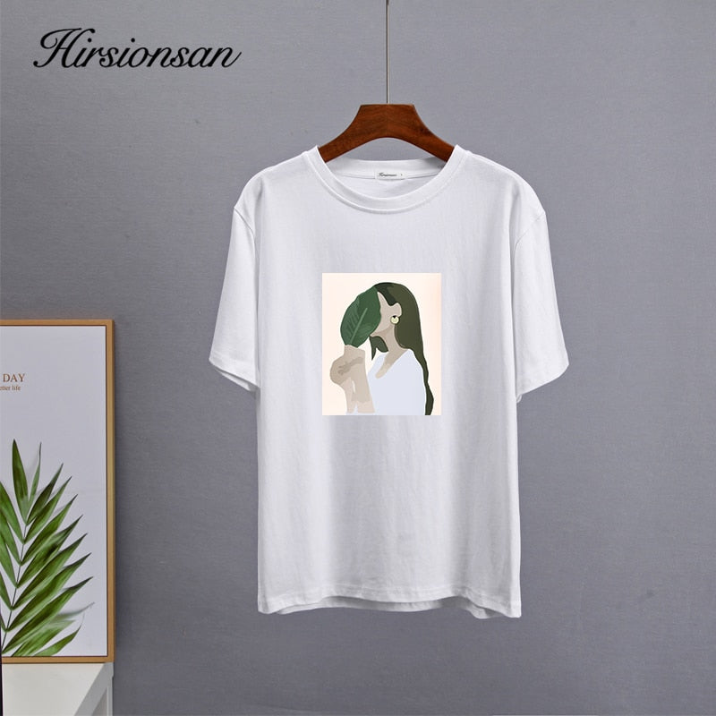 Hirsionsan Harajuku Printed T Shirt Women 2022 Summer Chic Tees 100% Cotton Elegant Graphic Clothes Loose Casual Pullover Tops