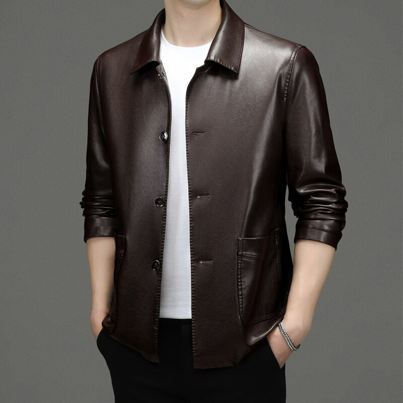 Men's Leather Suit Autumn New Button Lapel Casual Young and Middle-Aged Haining Leather Jacket Men's Coat