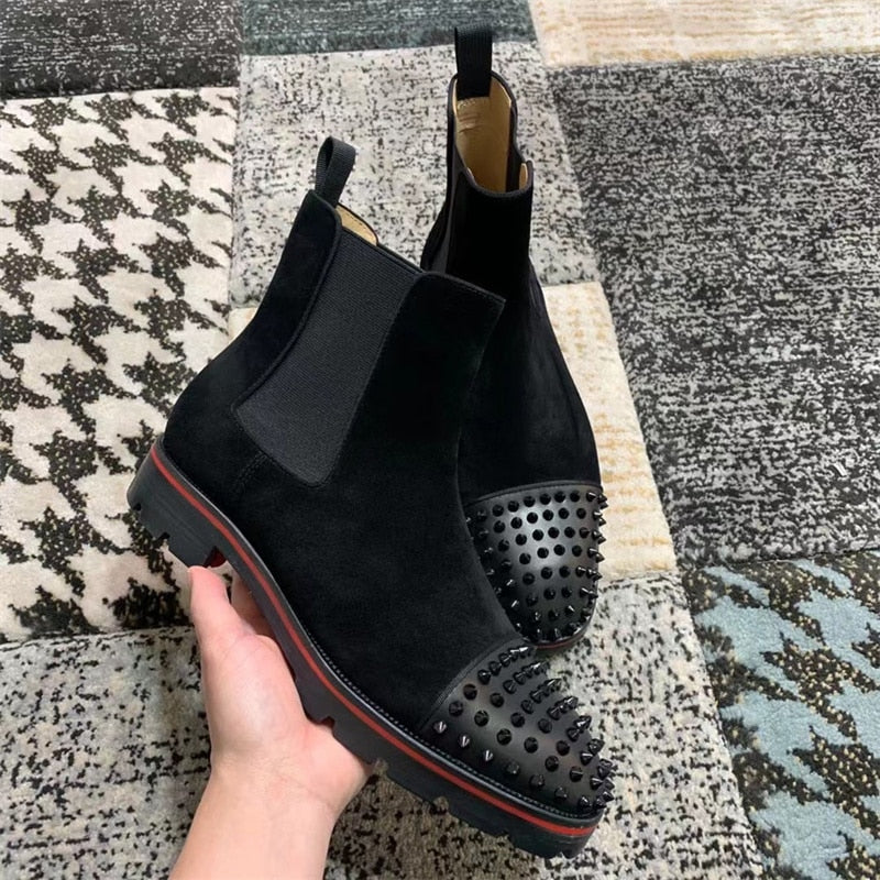 Fashion Black High Top Boots Rivets Shoes Suede Leather Low Heeled Gentry Dress Red Bottom Flats Men Spikes Women Casual Loafers