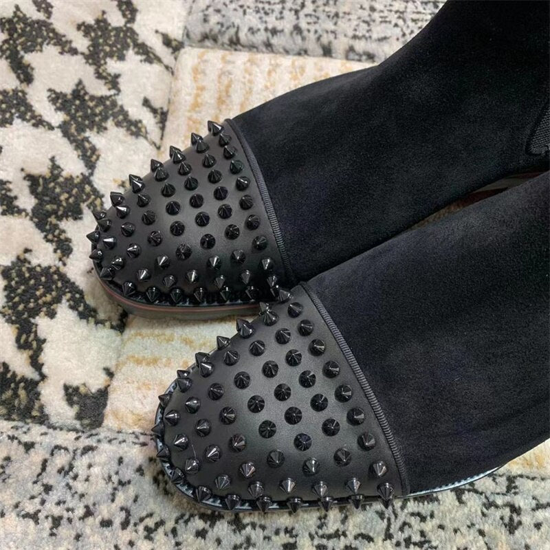 Fashion Black High Top Boots Rivets Shoes Suede Leather Low Heeled Gentry Dress Red Bottom Flats Men Spikes Women Casual Loafers
