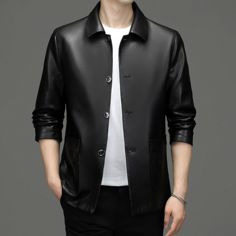 Men's Leather Suit Autumn New Button Lapel Casual Young and Middle-Aged Haining Leather Jacket Men's Coat