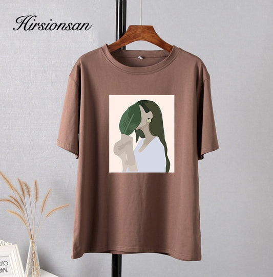 Hirsionsan Harajuku Printed T Shirt Women 2022 Summer Chic Tees 100% Cotton Elegant Graphic Clothes Loose Casual Pullover Tops