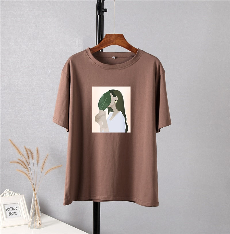 Hirsionsan Harajuku Printed T Shirt Women 2022 Summer Chic Tees 100% Cotton Elegant Graphic Clothes Loose Casual Pullover Tops