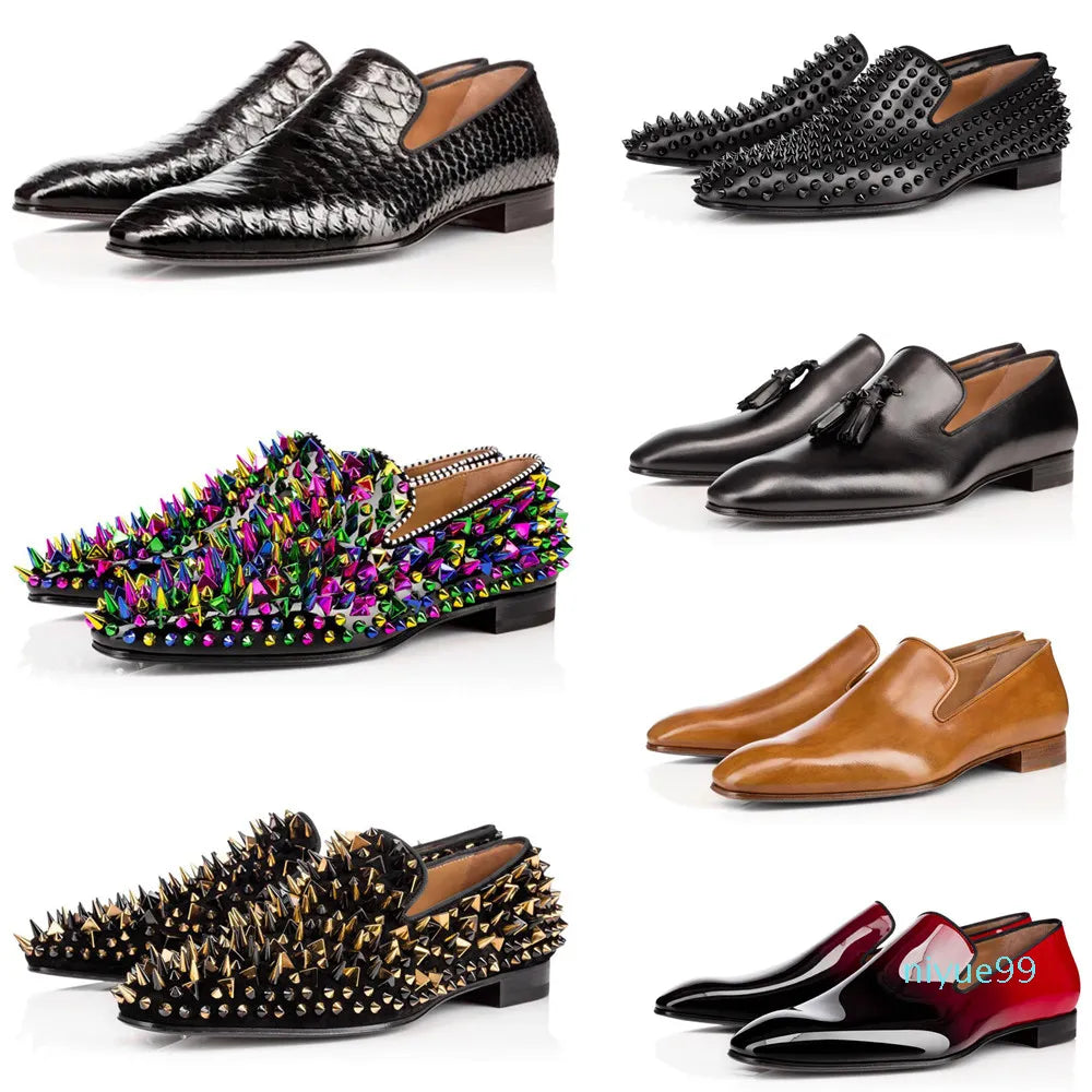 2022 Gentleman Dandelion Spikes Shoe Loafers Party Wedding Designer BLACK Leather Dress Shoes For Mens Slip On Flats Sole
