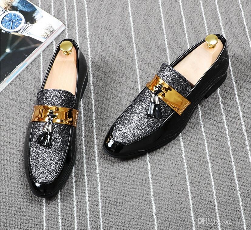 Fashion Casual Formal For Men Black Genuine Leather Tassel Men Wedding Shoes Gold Metallic Mens Studded Loafers AXX613