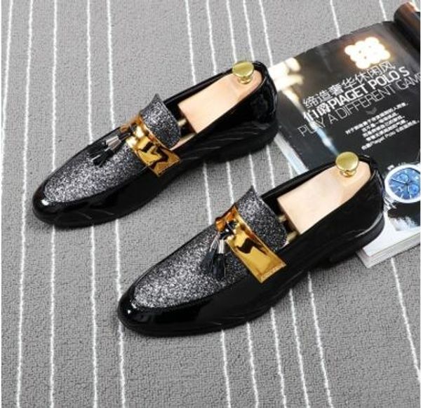 Fashion Casual Formal For Men Black Genuine Leather Tassel Men Wedding Shoes Gold Metallic Mens Studded Loafers AXX613