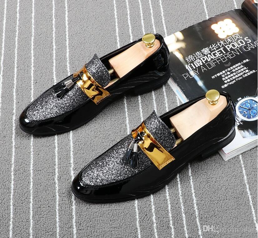 Fashion Casual Formal For Men Black Genuine Leather Tassel Men Wedding Shoes Gold Metallic Mens Studded Loafers AXX613